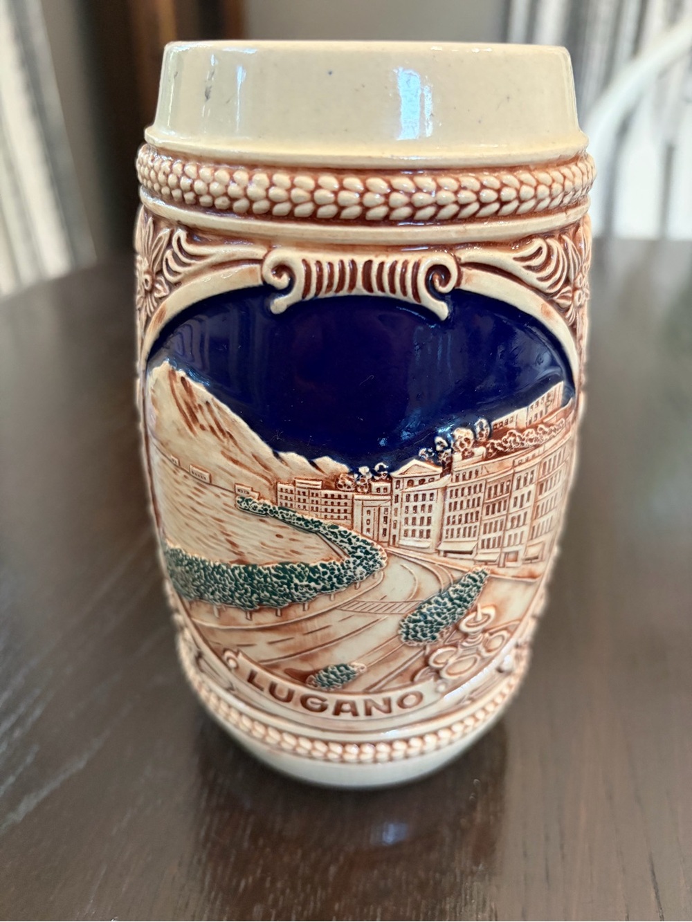 Decorative Ticino Locarno Ceramic Beer Stein - Cream and Blue - Picture 2 of 6